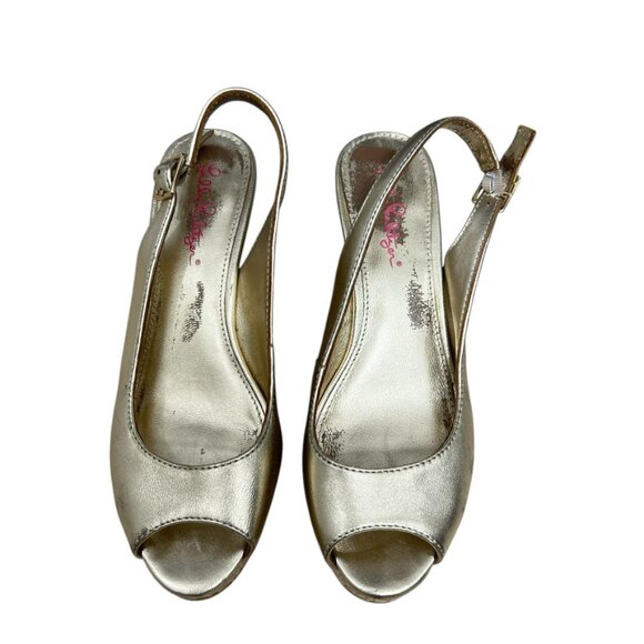 Lilly Pulitzer Gigi Leather Slingback Open Toe Gold Wedge Sandals Women's Sz 7. - Picture 4 of 14